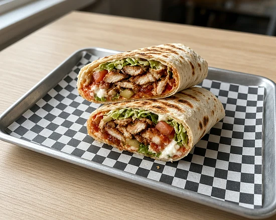 Istanbull Style Chicken Shawarma Wrap cut in half with chicken, lettuce, tomato, pickles, tomato sauce and garlic sauce
